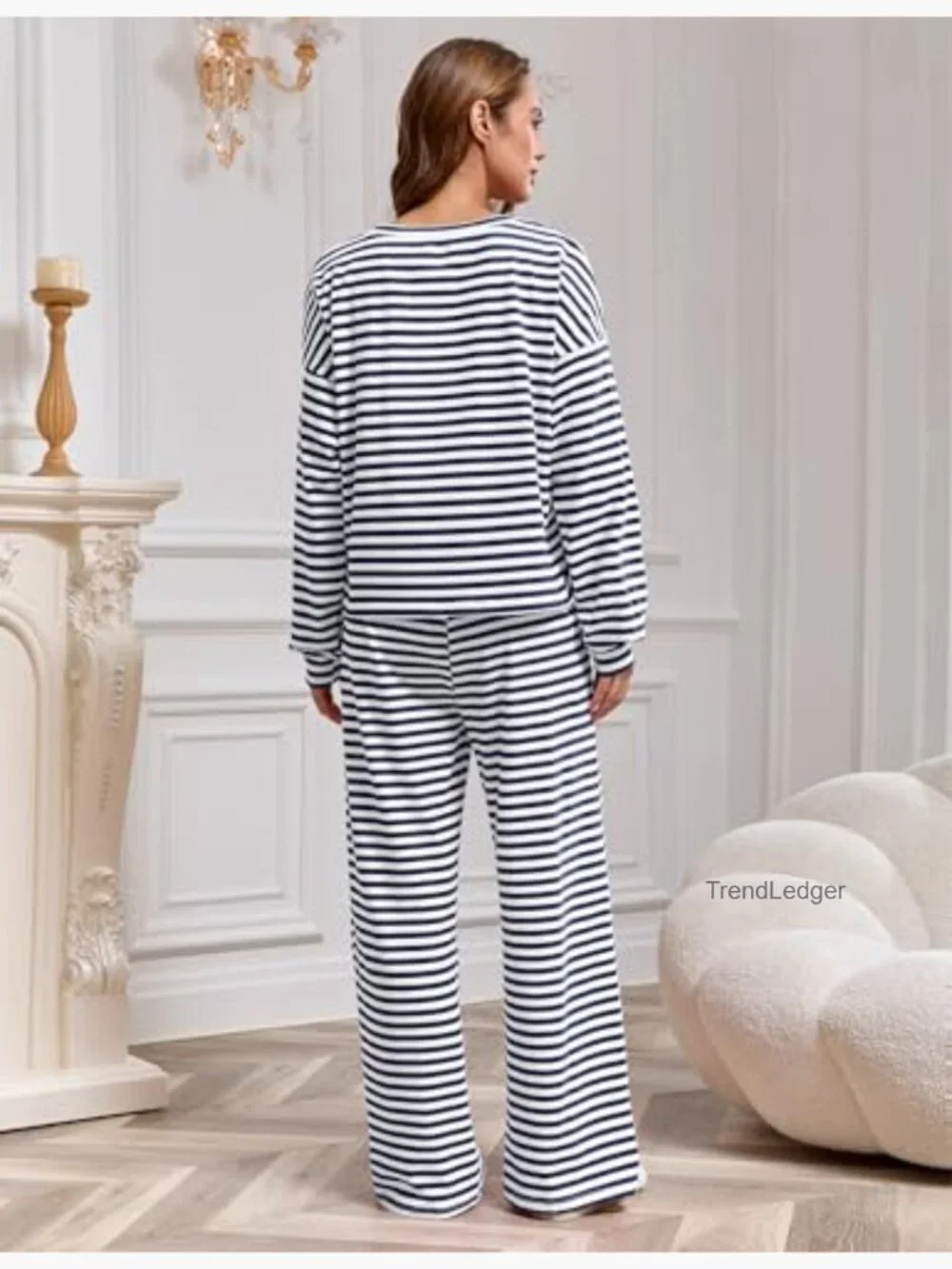 Striped Pajama Set Long Sleeve Wide Leg Pants Matching Lounge Outfit